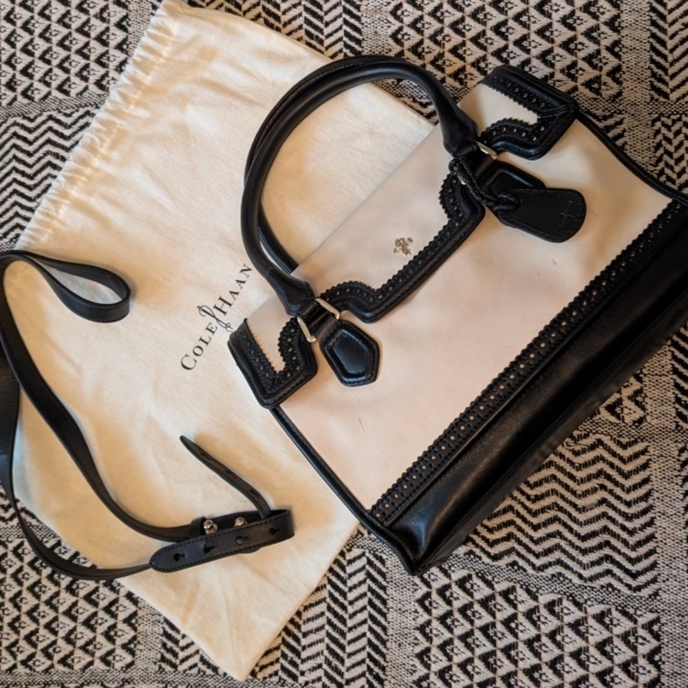 Cole Haan Brooke Wingtip Leather Two-Tone Black and Cream Satchel
